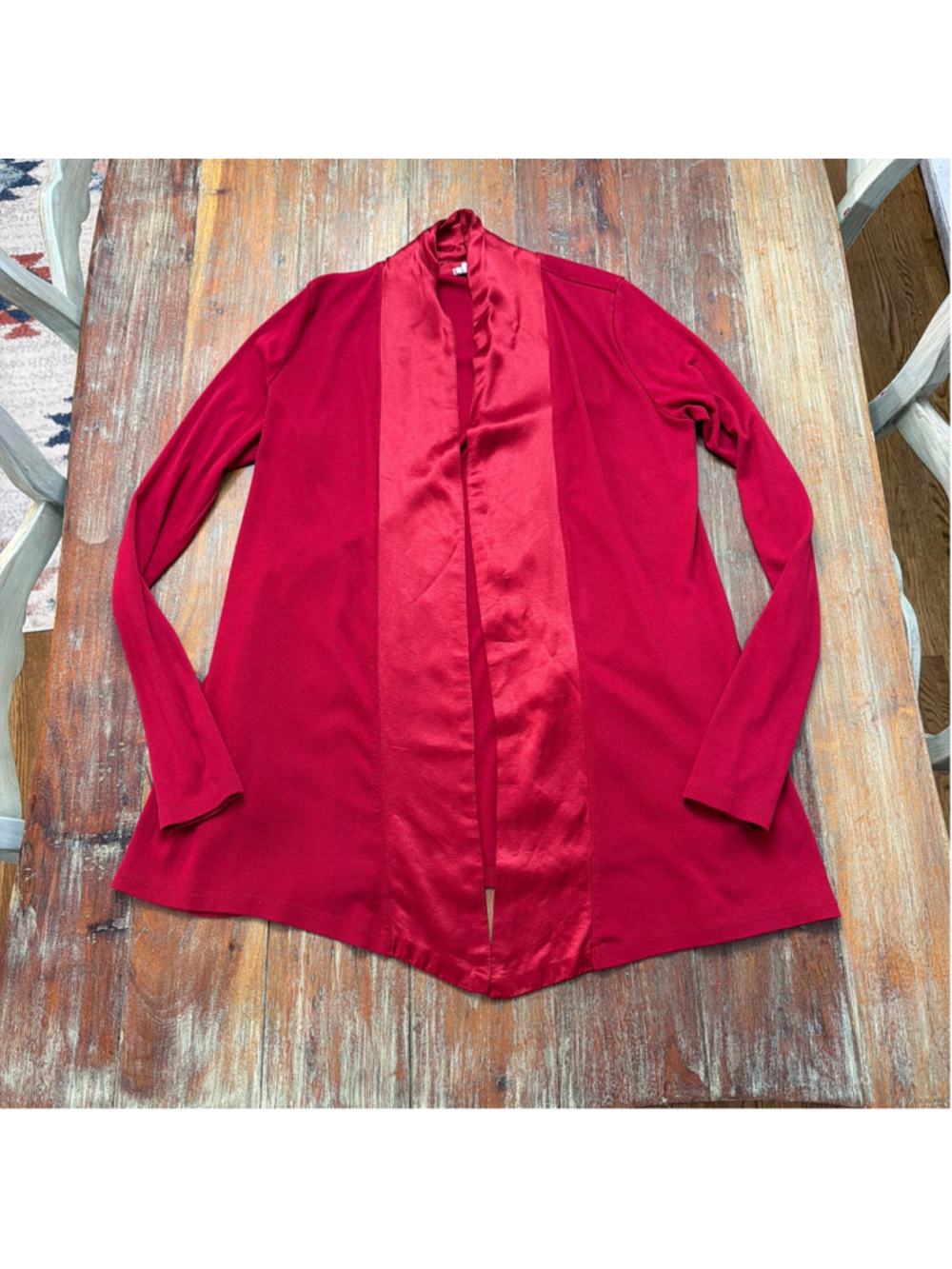 PJ Harlow Shelby Rib Knit Satin Trim Open Cardigan Jacket Red S- Pockets Lounge